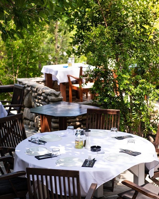 Μια γωνιά της αυλής του εστιατορίου «Trizoni sea treasures» στην Κρυοπηγή Χαλκιδικής