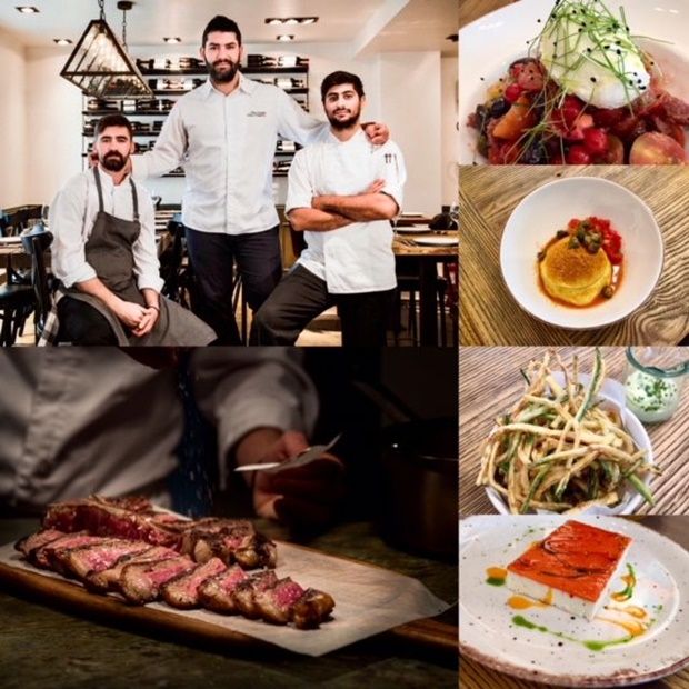 Από αριστερά, Παναγιώτης Ζώκος, Μιχάλης Νουρλόγλου, Αγαπητός Τσακαλάκης και μερικά από τα ωραία πιάτα τους στη Φάρμα Μπράλου