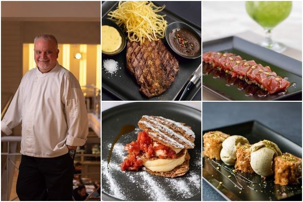 Ο Αρης Τσανακλίδης υπογράφει πιάτα όπως rib eye και τατάκι τόνου (επάνω), τάρτα με κρέμα και γλυκό κουταλιού κυδώνι και σαραγλί με παγωτό φιστίκι