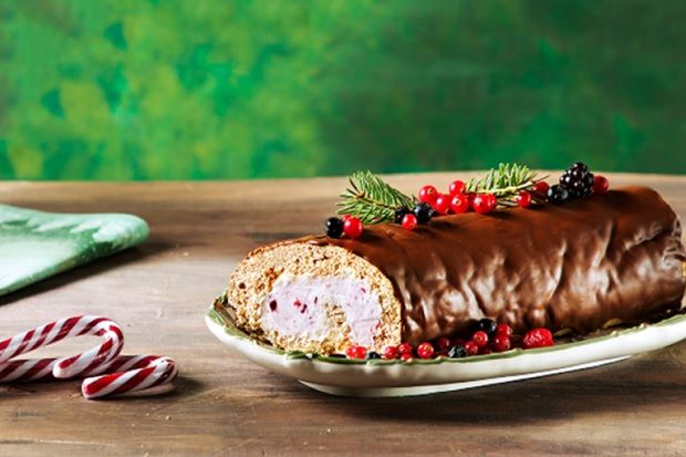 Χριστουγεννιάτικος κορμός με μπισκουί, φρούτα του δάσους και σοκολάτα