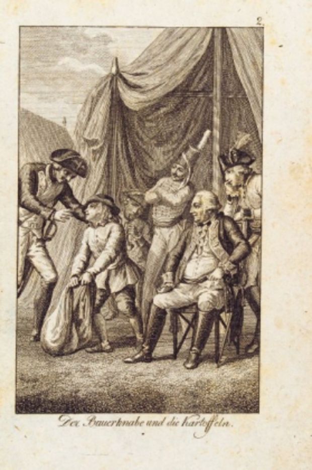 «Ο μικρός χωρικός και οι πατάτες», γκραβούρα ανώνυμου γερμανού χαράκτη, τέλη 18ου-αρχές 19ου αιώνα, Herzog August Bibliothek, Wolfenbüttel (diglib.hab.de)