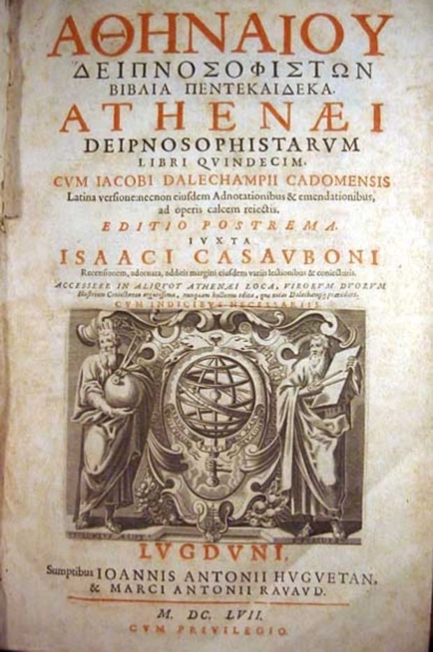 Προμετωπίδα έκδοσης του 1657 των «Δειπνοσοφιστών» του Αθήναιου, στα ελληνικά και σε λατινκή μετάφραση (Wikimedia commons/public domain)
